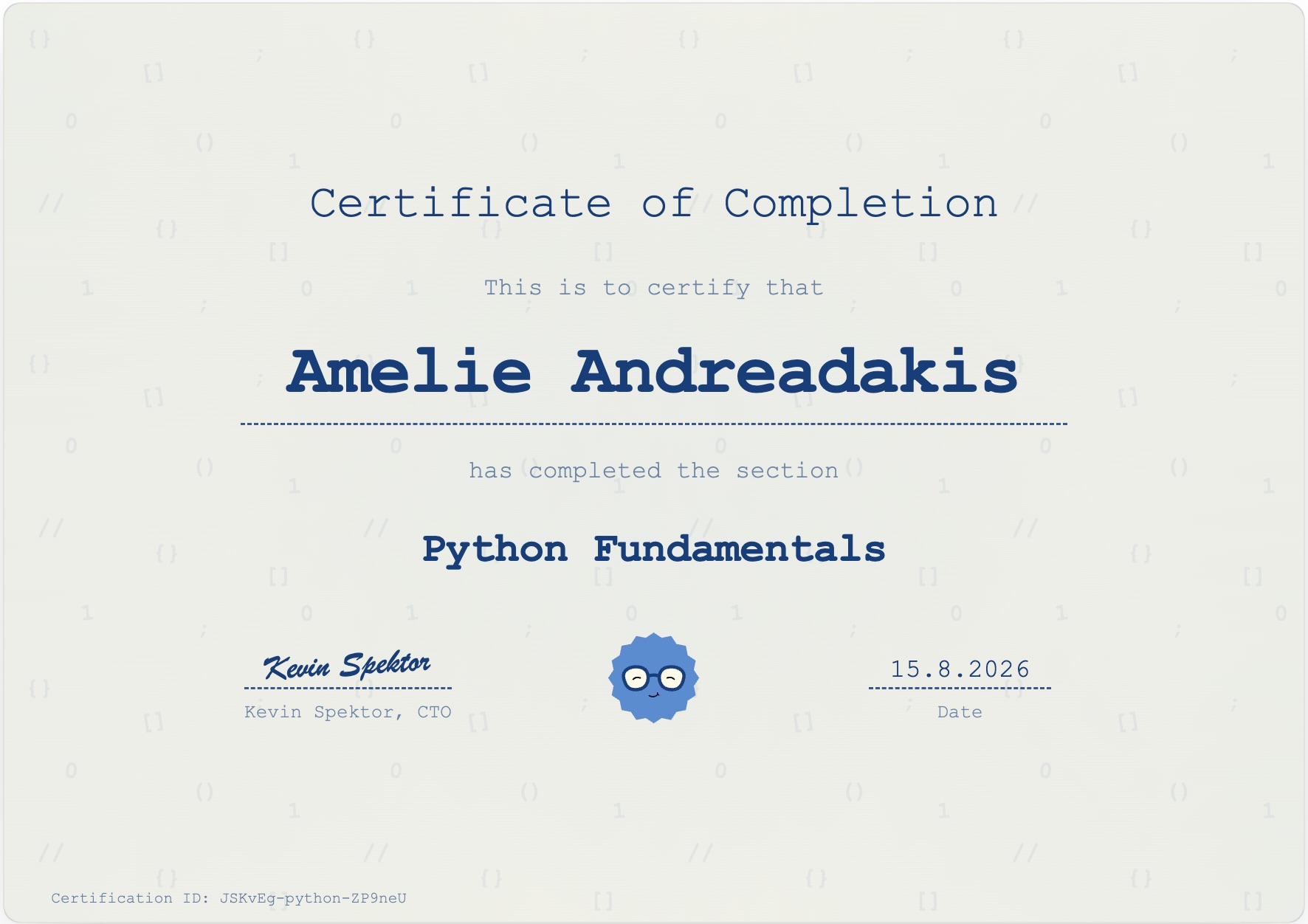 Coddy Zertifikat Python Fundamentals von Amelie Andreadakis