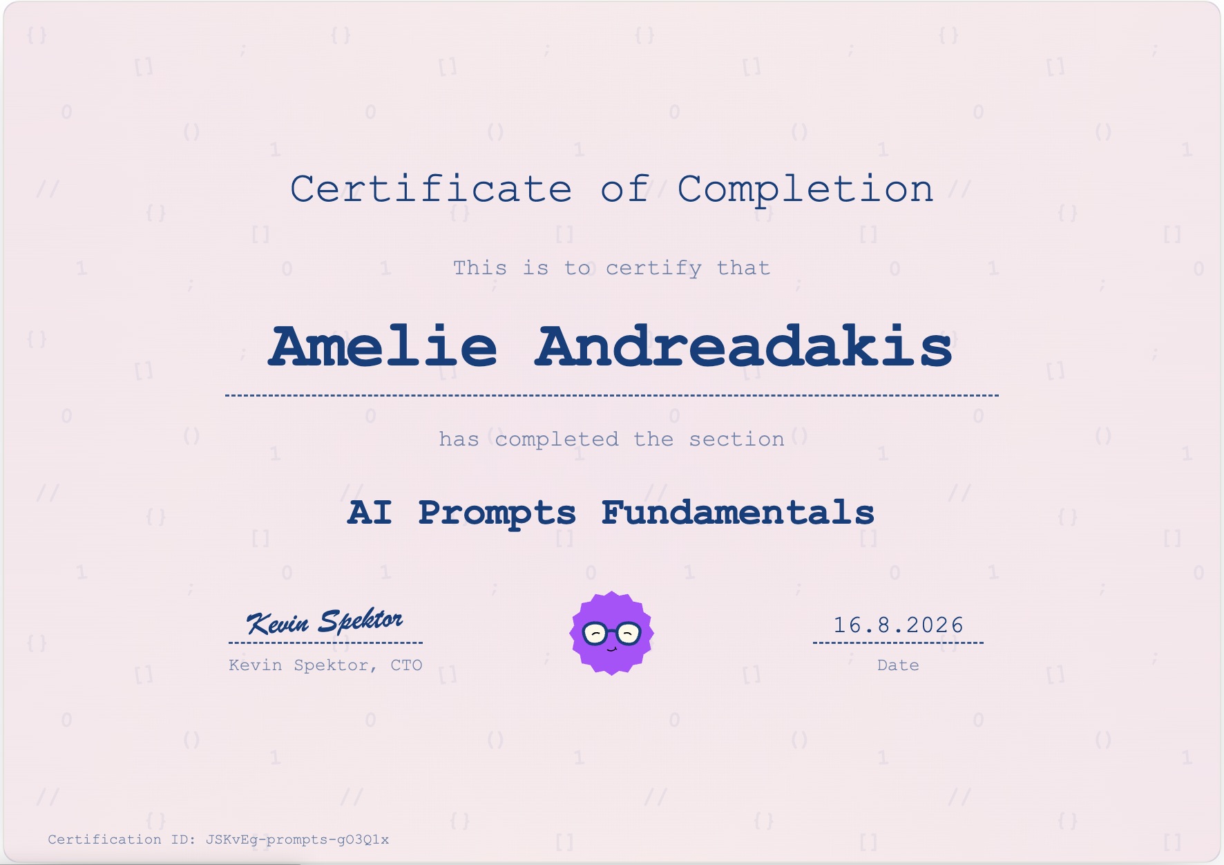 Coddy Zertifikat AI Prompts Fundamentals von Amelie Andreadakis